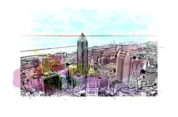 Building view with landmark of Cleveland, officially the City of Cleveland, is a major city in the U.S. watercolour splash with hand drawn sketch illustration in vector. - obrazy, fototapety, plakaty