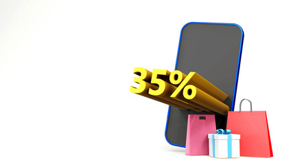 35% symbol with shopping bag and smartphone , 3D render isolated background