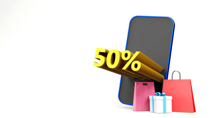 50% symbol with shopping bag and smartphone , 3D render isolated background