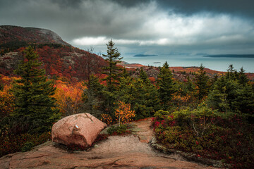 View from the Beehive Trail hike in Acadia National Park on a cloudy autumn day