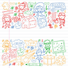 Vector pattern. School and online education. Little boys and girls play and grow together.