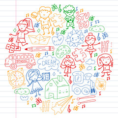 Vector pattern. School and online education. Little boys and girls play and grow together.