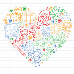 Vector pattern. School and online education. Little boys and girls play and grow together.