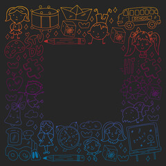 Vector pattern. School and online education. Little boys and girls play and grow together.