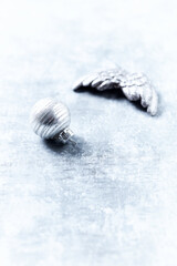 Christmas ornaments  on bright wooden background. Close up. Copy space. 