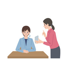 スマートフォン画面を見せて説明をするイラスト
