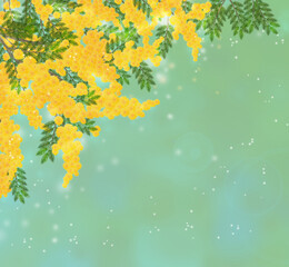 ミモザの水彩イラスト　緑背景