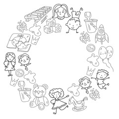 Kindergarten and toys. Little children game. Kids playground. Education, creativity, imagination.