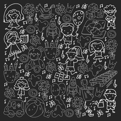 Vector pattern. Kindergarten and toys. Little children game. Kids playground. Education, creativity, imagination.