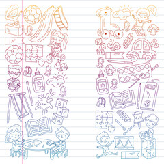 Children play with toys in the kindergarten. Kids playground. Education, creativity, imagination.