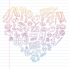 Children play with toys in the kindergarten. Kids playground. Education, creativity, imagination.