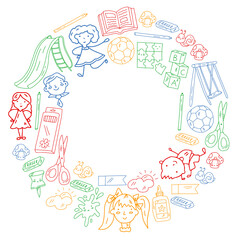 Kindergarten. Vector pattern with toys and small children. Preschool education.