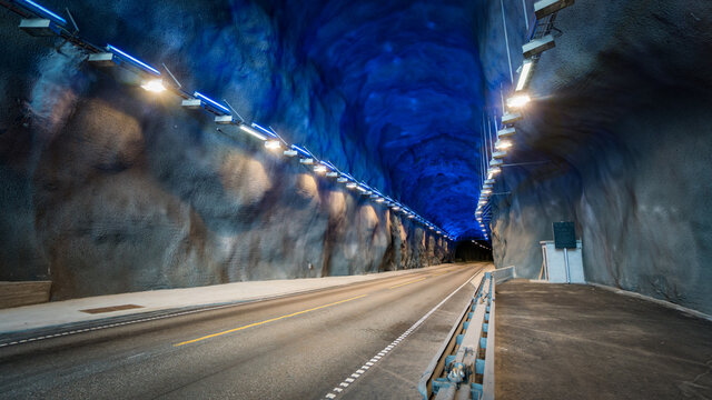 Fototapeta Interior of Vallavik Tunnel Vallaviktunnelen road tunnel with roundabout in Hordaland county in Norway