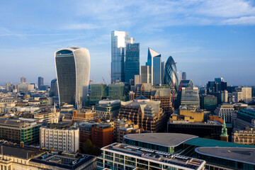 This panoramic photo of the City Square Mile financial district of London shows many iconic skyscrapers including the newly completed 22 Bishopsgate tower - obrazy, fototapety, plakaty