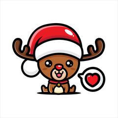 cute reindeer character wearing santa costume is sitting