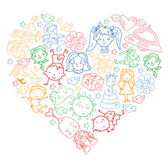 Doodle set of objects for kids. Toys and boys and girls. Kindergarten children. Vector outline icons