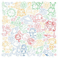 Doodle set of objects for kids. Toys and boys and girls. Kindergarten children. Vector outline icons