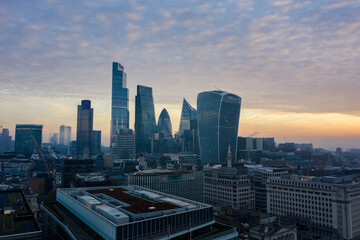Fototapeta na wymiar This panoramic photo of the City Square Mile financial district of London shows many iconic skyscrapers including the newly completed 22 Bishopsgate tower