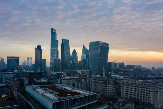 This panoramic photo of the City Square Mile financial district of London shows many iconic skyscrapers including the newly completed 22 Bishopsgate tower