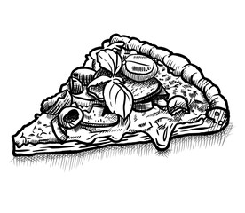 Trozo de pizza ilustrada con pluma. Dibujo a tinta.