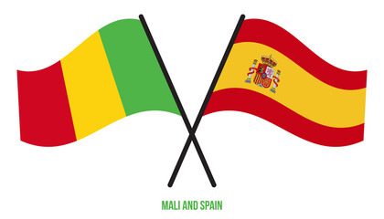 Mali and Spain Flags Crossed And Waving Flat Style. Official Proportion. Correct Colors.