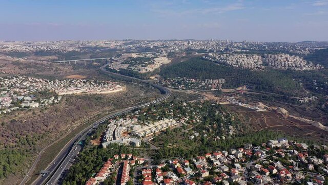 Jerusalem city with tel aviv highway (road one) traffic, Aerial view
Panorama shot with jerusal main entrance, Israel,drone view
