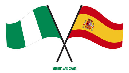 Nigeria and Spain Flags Crossed And Waving Flat Style. Official Proportion. Correct Colors.