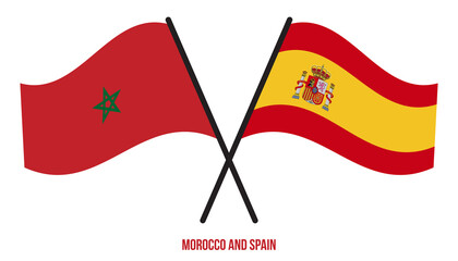 Morocco and Spain Flags Crossed And Waving Flat Style. Official Proportion. Correct Colors.