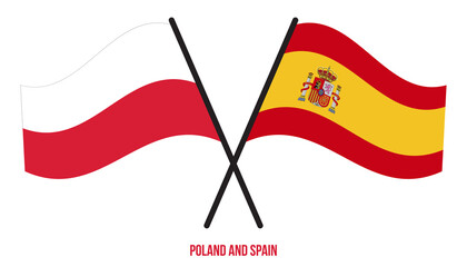 Poland and Spain Flags Crossed And Waving Flat Style. Official Proportion. Correct Colors.