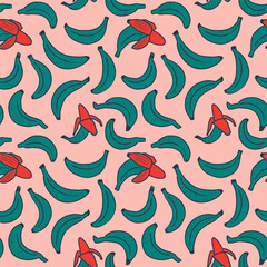 Flat seamless pattern with green bananas. Fruit vector pattern on pink background. Perfect for fabric, clothes, wallpaper, wrap paper