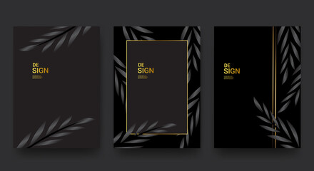 A set of elegant tropical black and gold cover template layouts set on a foliage background, luxury spa, hotel, card, invitation, salon, etc.