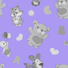 pattern of cute animals, stuffed toys, hearts and stars. Teddy bear hare and dog. Vector illustration