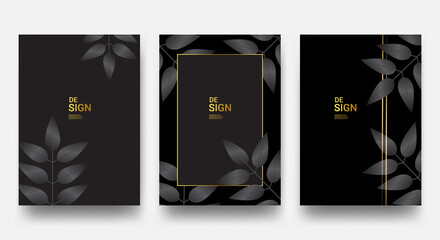 A set of elegant tropical black and gold cover template layouts set on a foliage background, luxury spa, hotel, card, invitation, salon, etc.