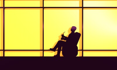 Man resting by the window. Silhouette of relaxed young man sitting in an armchair and dreaming at his future. 3D rendering