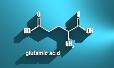 Amino acid. Glutamic acid structural formula. 3D rendering. Infographic illustration