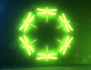 Dragonfly sign for branding identity. Silhouettes of insect in circle. 3D rendering. Neon shine