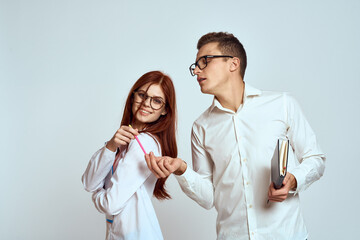 business man and woman secretary documents employees colleagues on light background cropped view