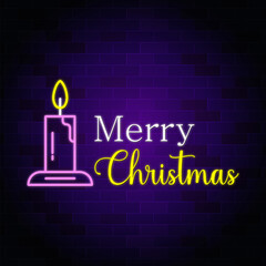 Obraz premium Merry Christmas neon text design with a candle. Christmas wallpaper.