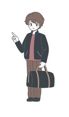 旅行カバンを持つ困り顔のおにいさん・指差し・ベクター