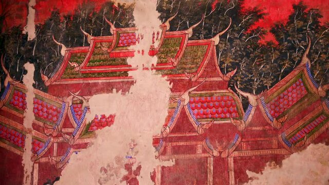 4K Video of Ancient Drawing on The Wall at Phumin Temple, Thailand.