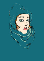 A Beautiful Woman with Winter Knitted Cap and Scarf. Free Hand Drawing. Freehand Vector Illustration. Beauty Girl Portrait. Free Hand Sketch. Fashion Haircut. Redhead Woman.
