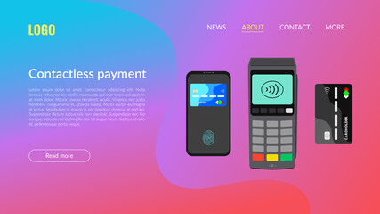 The concept of a bank pos terminal for paying for services using a card, phone, including contactless payment. Acquiring. Vector banner isometric 3d illustration, on a blue background. Copyspace.