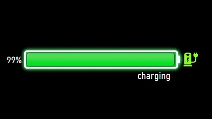 Electric Charging Progress bar, electric vehicle or phone battery indicator showing an increasing battery charge. The battery indicator shows it fills up to 99%