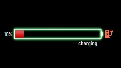 Electric Charging Progress bar, electric vehicle or phone battery indicator showing an increasing battery charge. The battery indicator shows it fills up to 10%