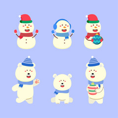 Set Of Snowman Christmas Activity Character Cartoon Bundle Flat Design