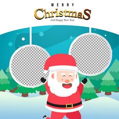 Merry Christmas Background with Cute Cute Santa on winter landscape .empty space in the hanging circle.Holiday Social media post,Christmas sale, greeting card template vector.