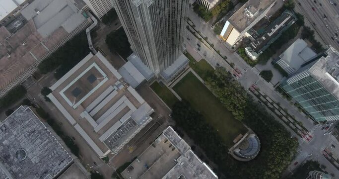 Birds eye view of The Williams tower and surrounding area in the Galleria mall area in Houston, Texas. This video was filmed in 4k for best image quality.