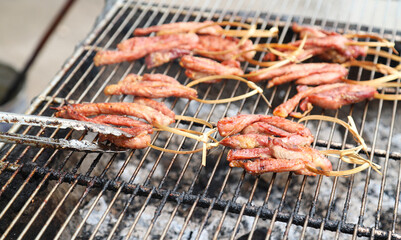 Closeup of grilled  meat on gridiron, Asian street food. 