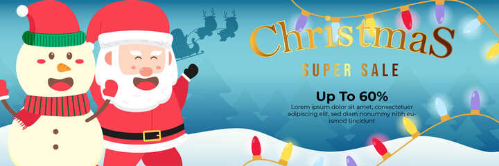 Christmas Banner Super Sale Up To 60% With Santa Clause and Snowman Flat Design
