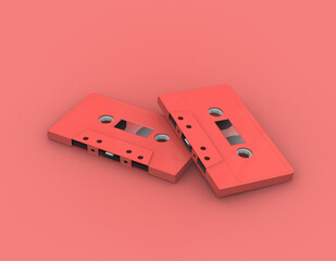 audio music retro cassette tapes on red color , 3d rendering